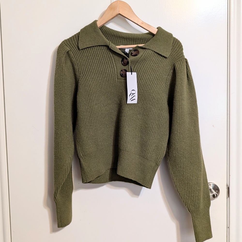 Q&A Olive Green Ribbed Polo Sweater - Puff Sleeve Button Up Knit - Size S